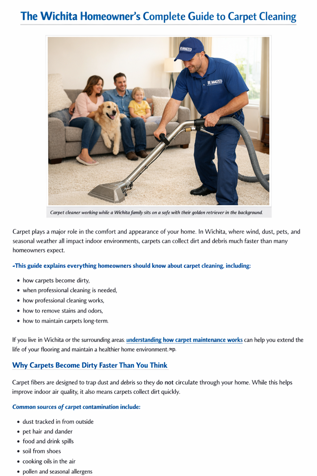 Professional carpet cleaner in a bright Wichita living room cleaning light carpet while a family with a golden retriever relaxes on a sofa in the background.