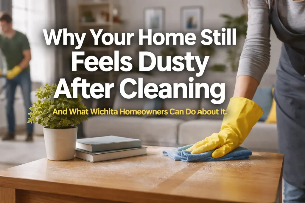 Person in yellow gloves cleaning a wooden table with a blue cloth, emphasizing dust removal, with a background showing a living room setting, relevant to Wichita homeowners' cleaning challenges.