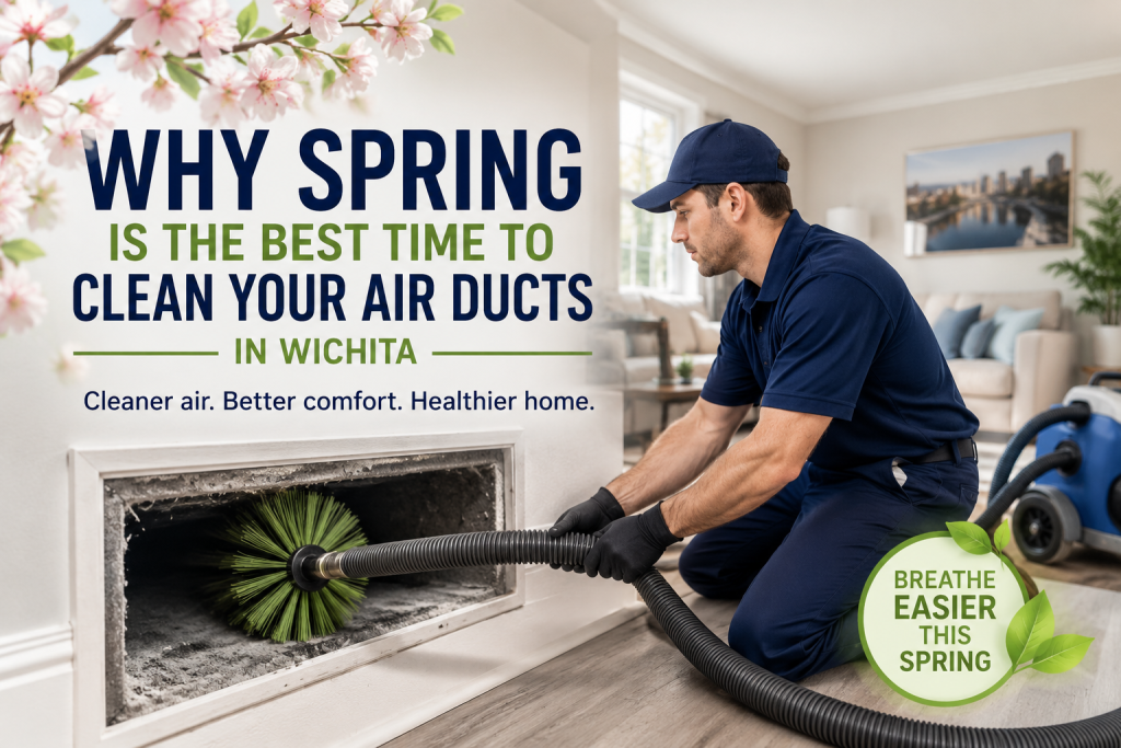 Professional air duct cleaning service in Wichita, featuring a technician using a vacuum hose to clean air ducts, with spring-themed decor and text emphasizing cleaner air and improved comfort.