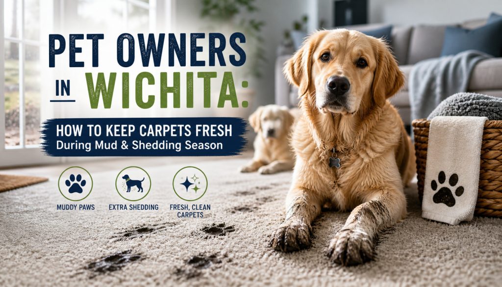 Golden retriever with muddy paws lying on carpet, accompanied by another dog, emphasizing tips for Wichita pet owners on maintaining fresh carpets during mud and shedding season.