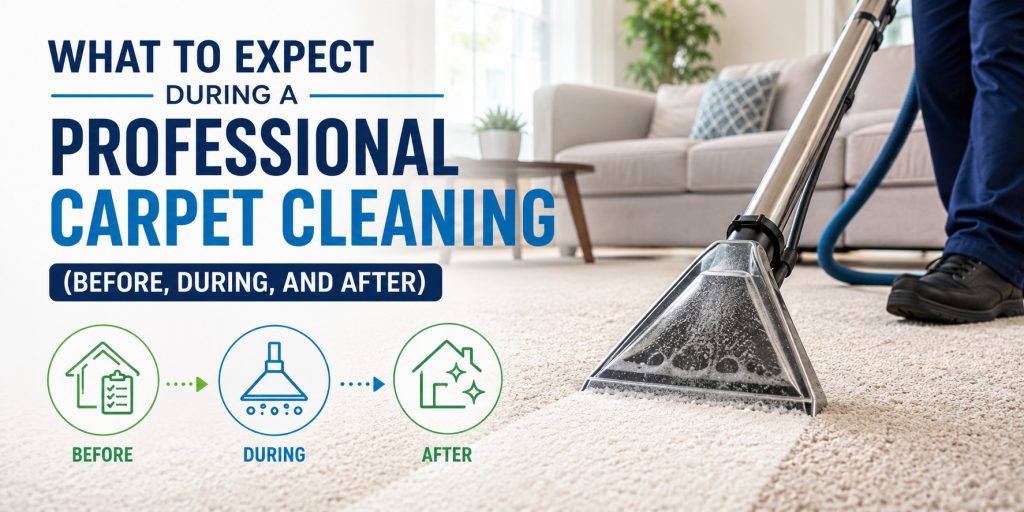 What to expect during a professional carpet cleaning &mdash; before, during, and after&mdash; with a carpet-cleaning machine in a living room.