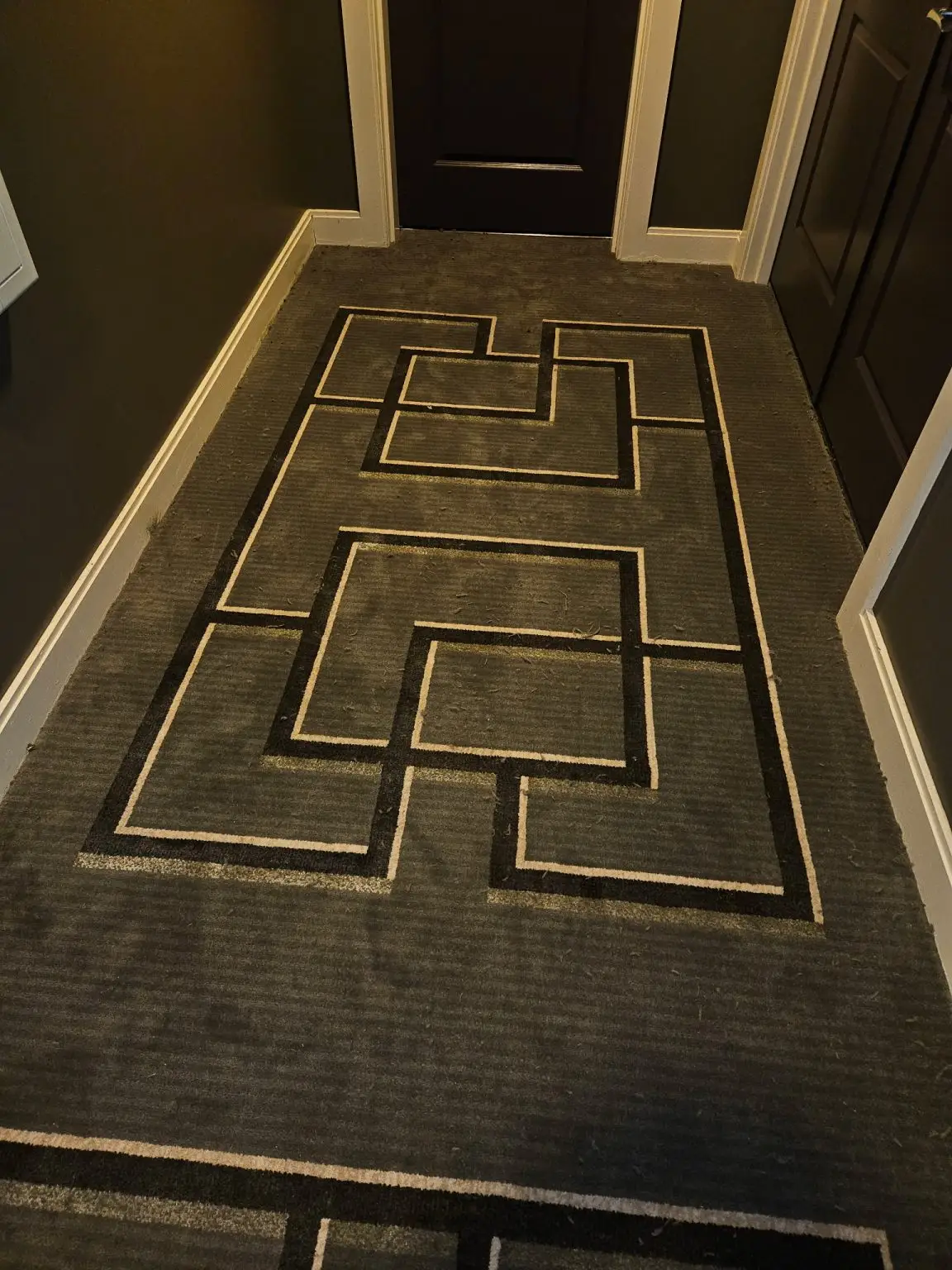 Short hallway with a dark geometric-pattern rug featuring interconnected beige rectangles leading to a closed dark door at the end.