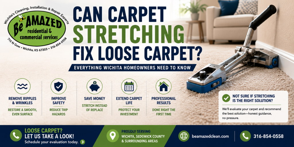 Carpet stretching tool repairing loose carpet in Wichita home, Be Amazed carpet repair services.