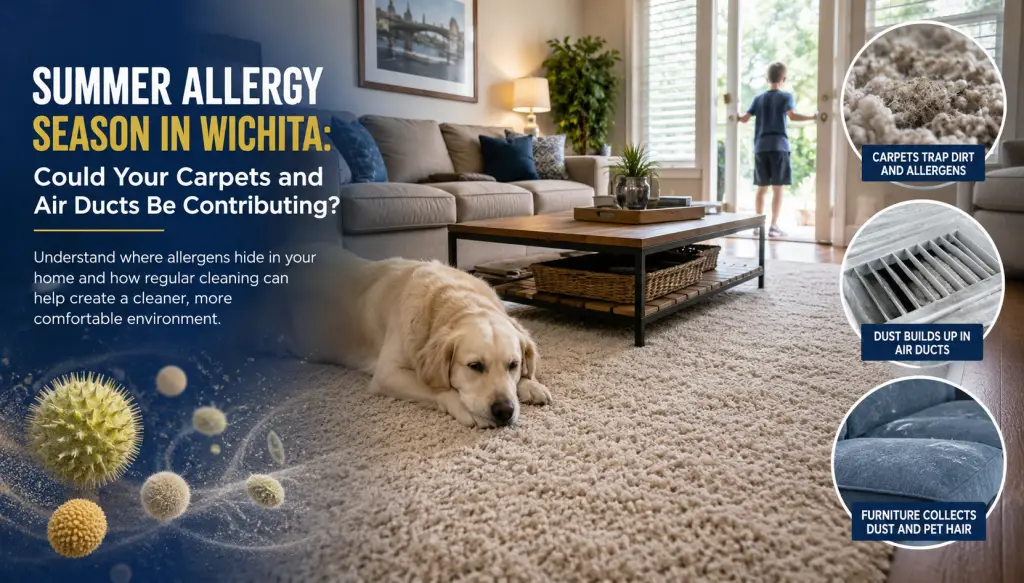 Living room scene with dog on carpet illustrating summer allergy season and indoor allergens, carpets, and air ducts.