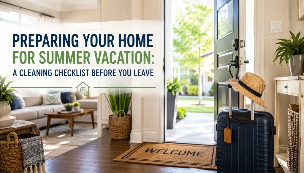 Clean and tidy living room with suitcase and welcome mat, preparing home for summer vacation cleaning checklist.