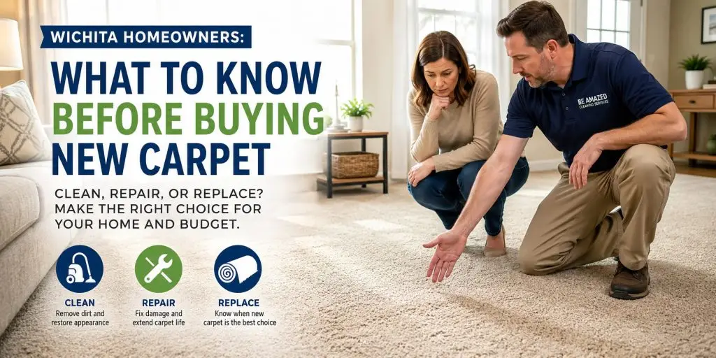 Wichita homeowners evaluating carpet options: clean, repair, or replace flooring.