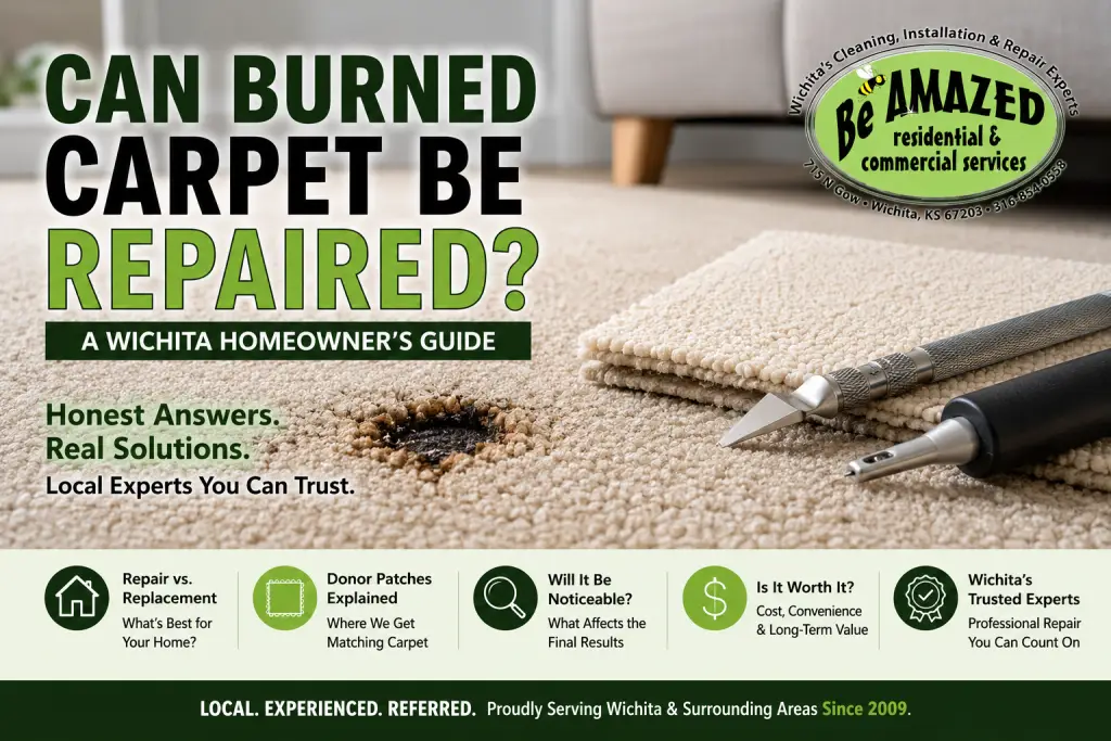 Burned carpet section with melted fibers and repair tools, Wichita homeowner's guide from Be Amazed.
