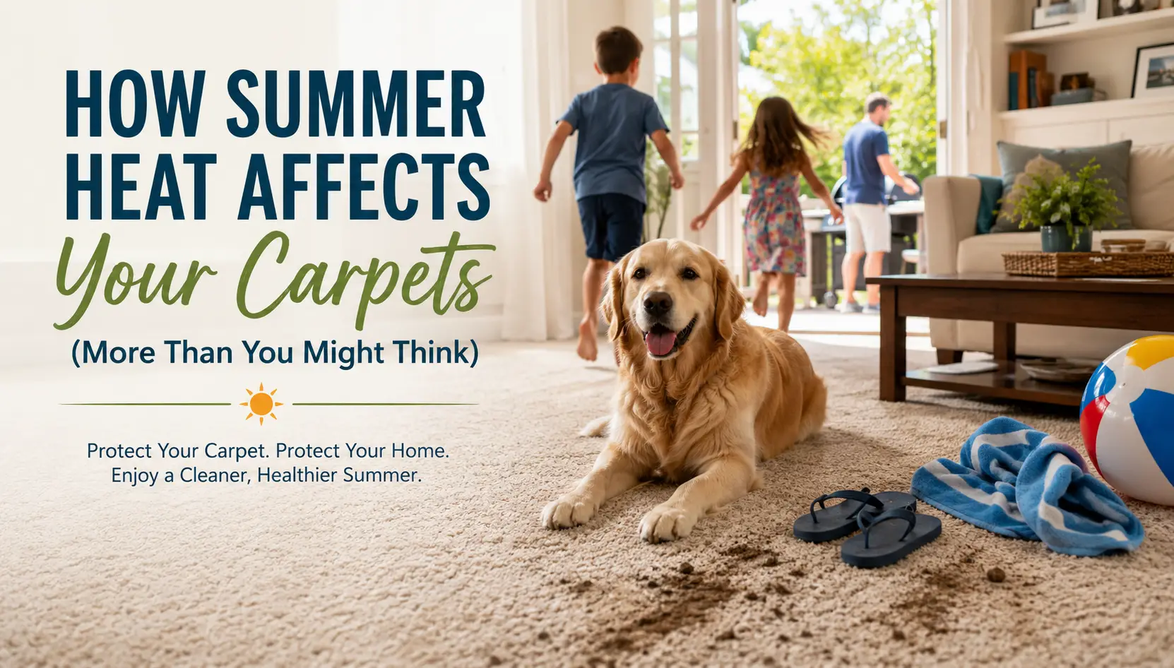 Children and dog playing on carpet illustrating summer heat affecting carpets in Wichita home.