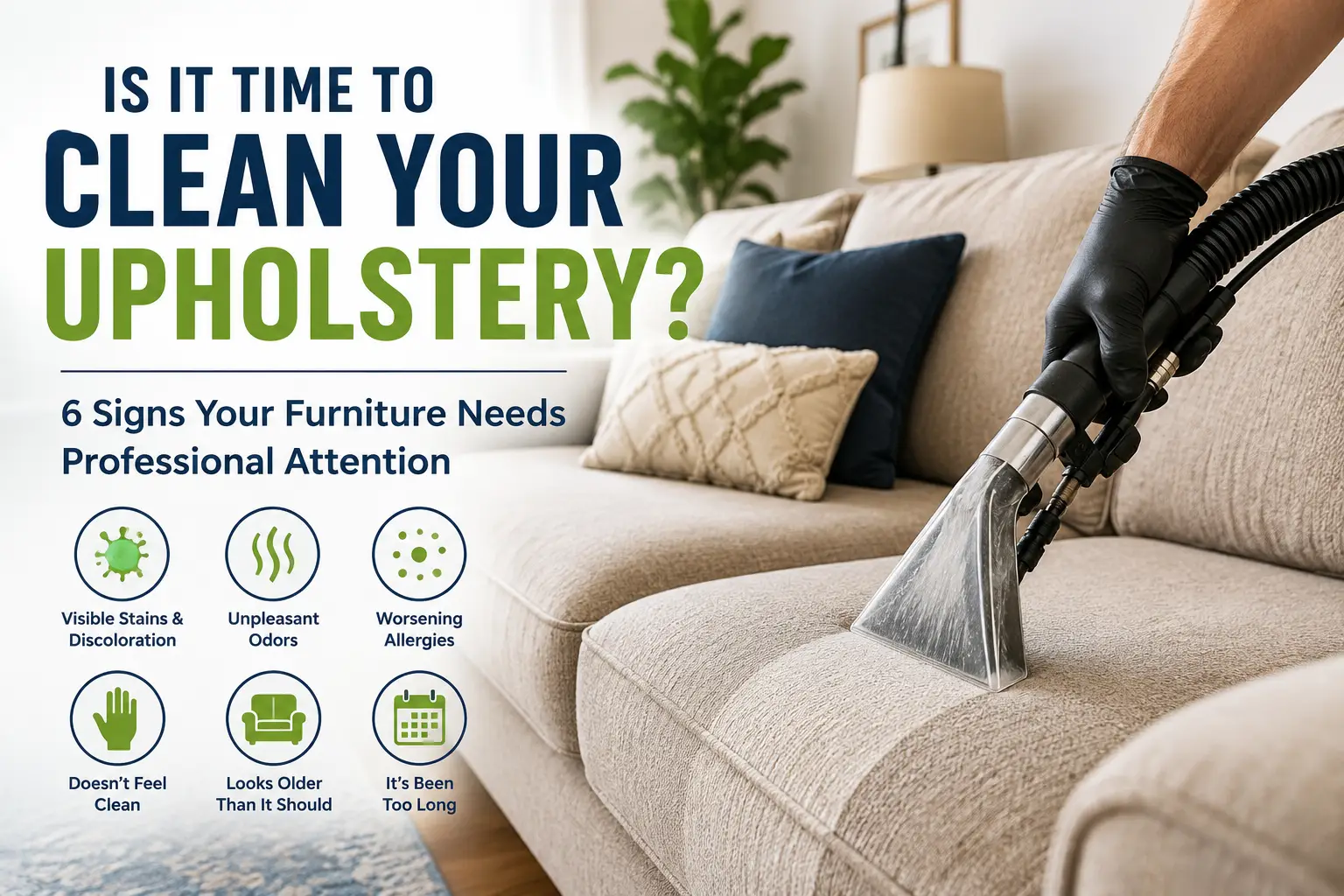 Upholstery cleaning with vacuum, signs of furniture needing professional cleaning in Wichita, KS.
