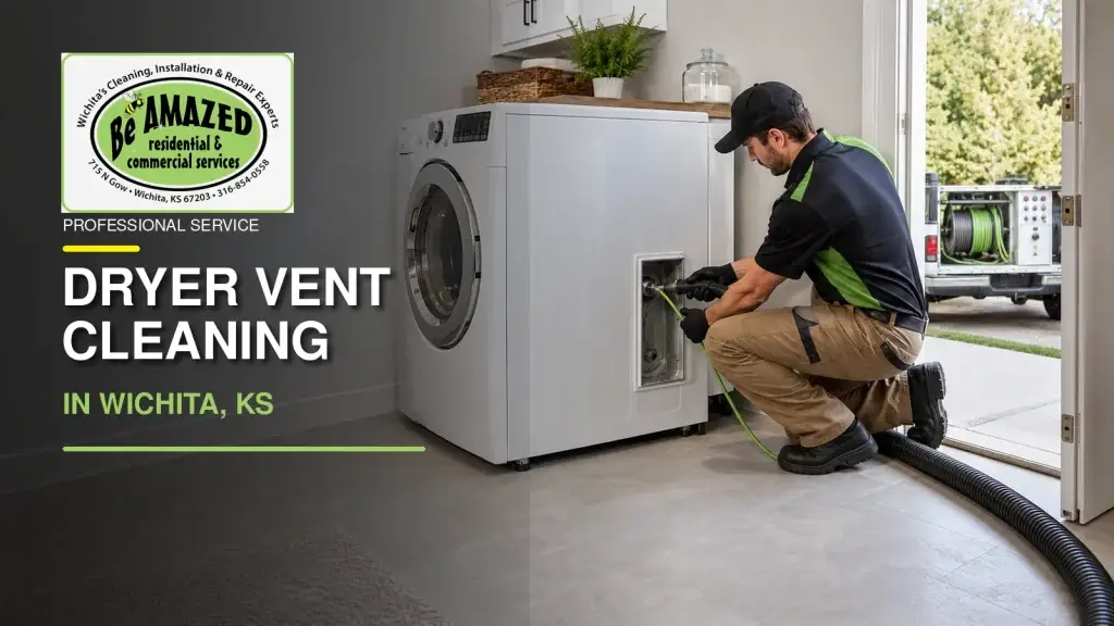 Technician cleaning a home's dryer vent with a hose attached to the vent, kneeling by a front-loading dryer; service van in the driveway outside.
