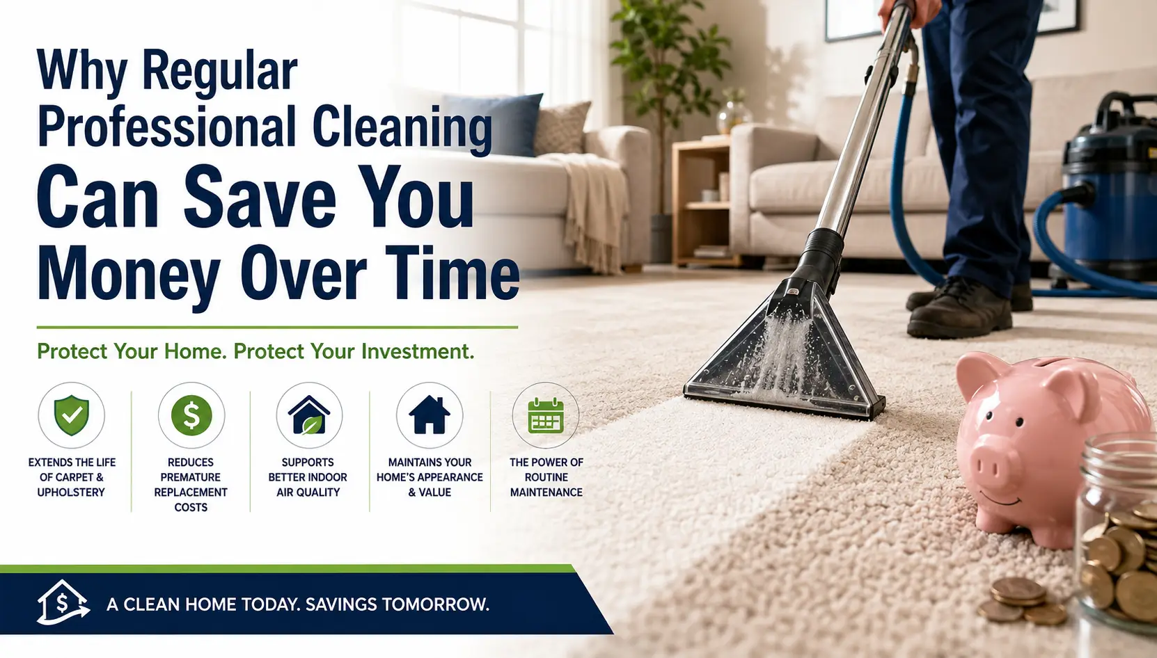 Living room scene with a professional carpet cleaner at work on beige carpet, beside a pink piggy bank and coins, under a bold headline about saving money with regular cleaning.