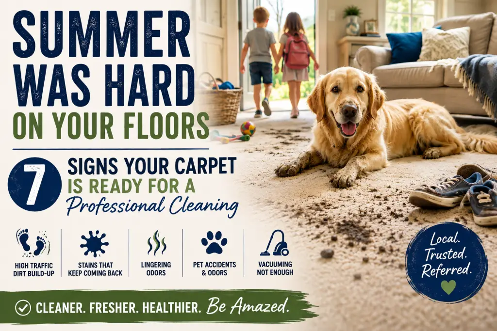 Interior living room with a golden retriever on a sandy carpet, kids leaving door behind, bold text promoting carpet cleaning services and a “Local, Trusted, Referred” badge.