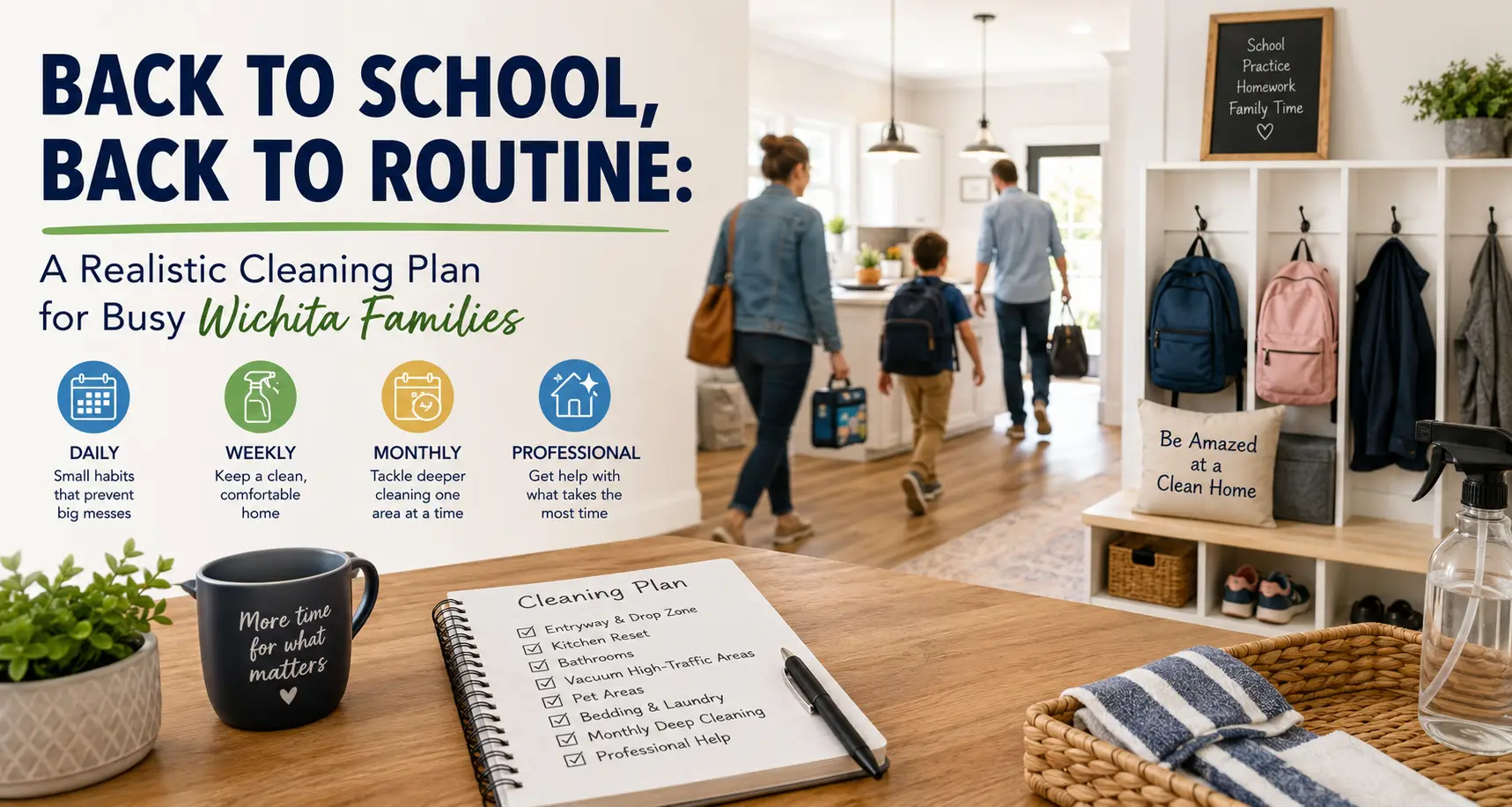 Poster reads: 'Back to School, Back to Routine' with a cleaning plan for busy Wichita families displayed beside a family entering a bright, organized home.
