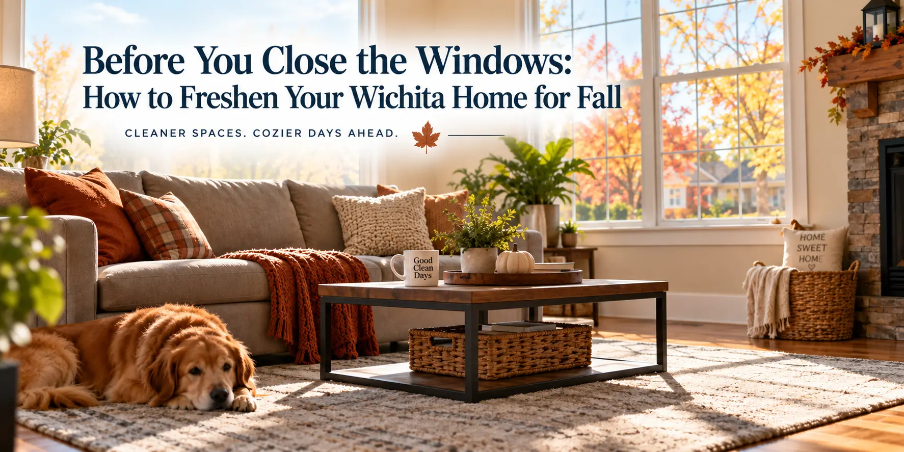 Cozy living room with beige sofa, orange throws, and fall leaves visible through large windows; a golden retriever rests on a rug beside a coffee table, while autumn decor fills the space. (Hero image for a fall home-cleaning article)