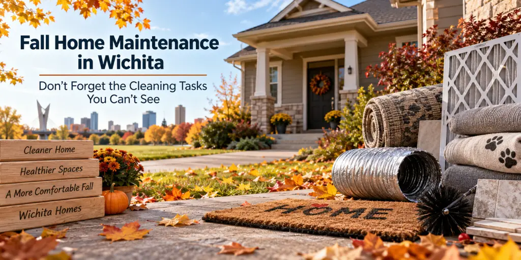 image1 - Be Amazed Front yard fall home maintenance scene in Wichita with autumn leaves, a welcoming porch, and cleaning tools; headline shows the title text.