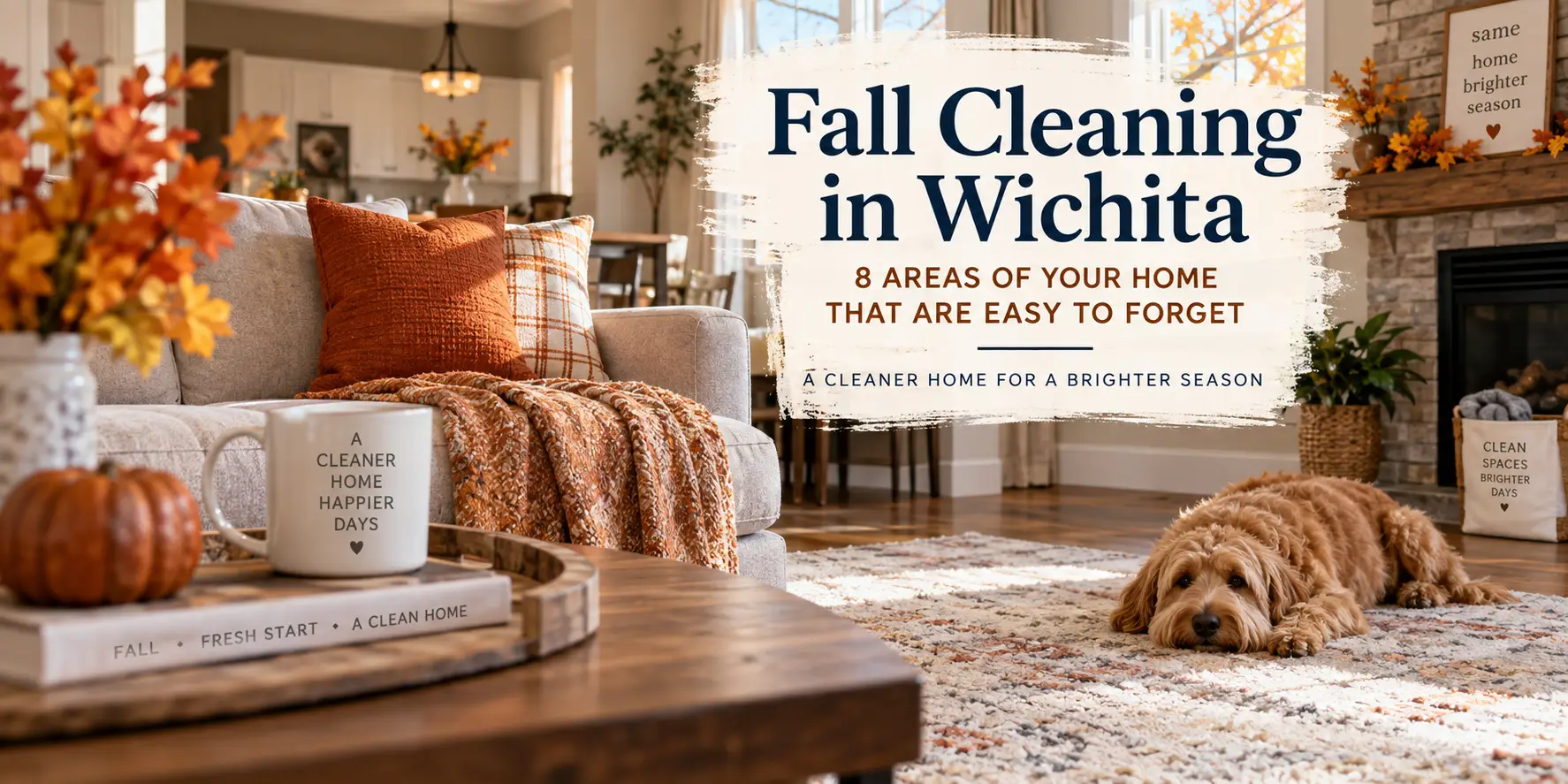 Cozy living room in fall colors with pumpkins, blankets, and a sleepy dog on a patterned rug; a brush-stroke banner reads &ldquo;Fall Cleaning in Wichita.&rdquo; on-screen promotion of home cleaning.